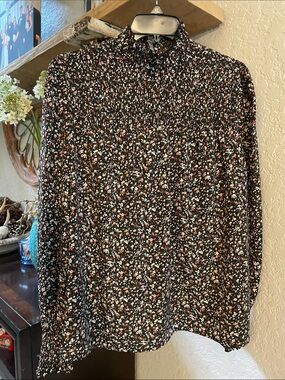 SHEIN Black Floral Mock Neck Long Sleeve Blouse